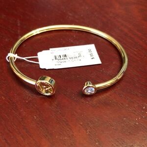 Michael Kors Gold Plated Over Brass Open Cuff Bracelet Crystal & MK Logo NWT